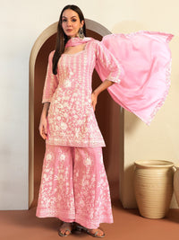 Chhabra 555 Resham & Sequin Embroidered Kurta Set with Kalidar Pallazo & Crystal Embellishments