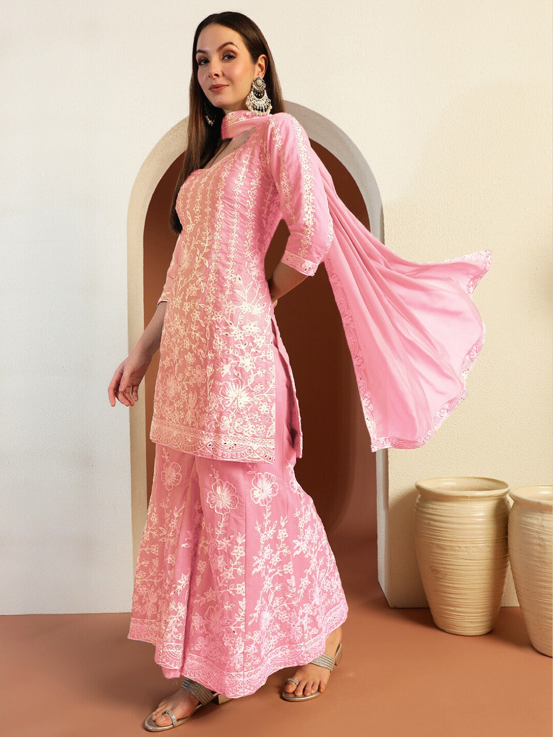 Resham & Sequin Embroidered Kurta Set with Kalidar Pallazo & Crystal Embellishments