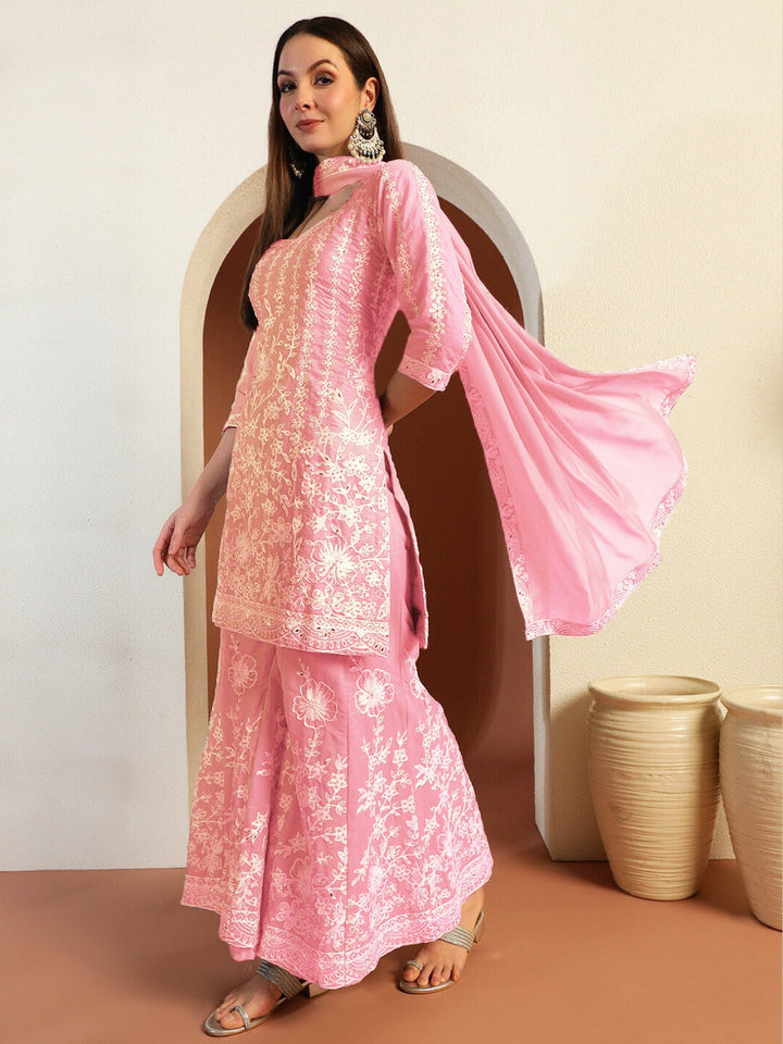 Resham & Sequin Embroidered Kurta Set with Kalidar Pallazo & Crystal Embellishments