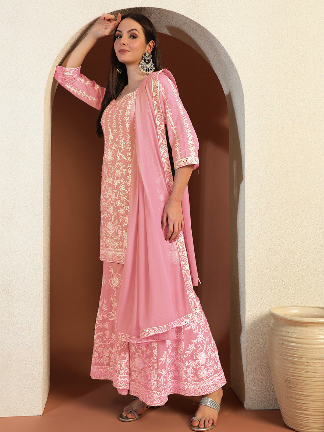 Resham & Sequin Embroidered Kurta Set with Kalidar Pallazo & Crystal Embellishments