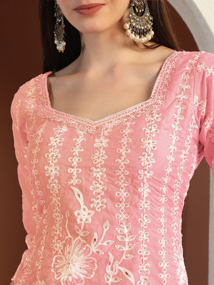 Resham & Sequin Embroidered Kurta Set with Kalidar Pallazo & Crystal Embellishments