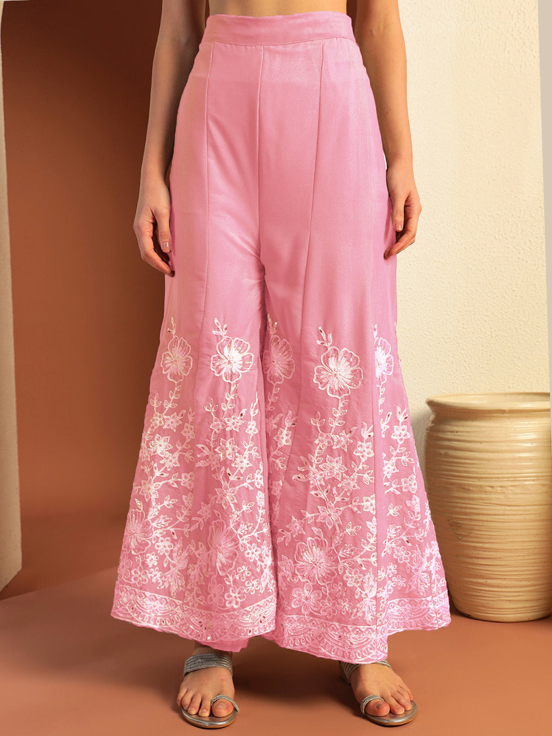 Resham & Sequin Embroidered Kurta Set with Kalidar Pallazo & Crystal Embellishments