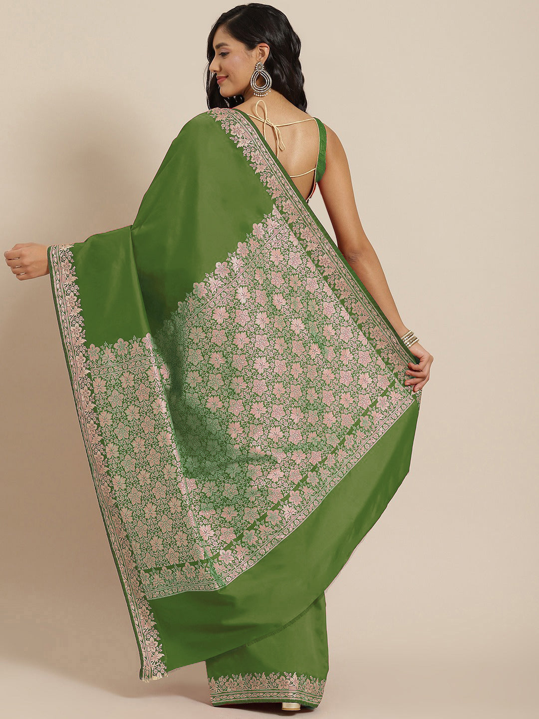 Mehndi Green Solid Banarasi Silk Saree with Zari Woven Floral Border