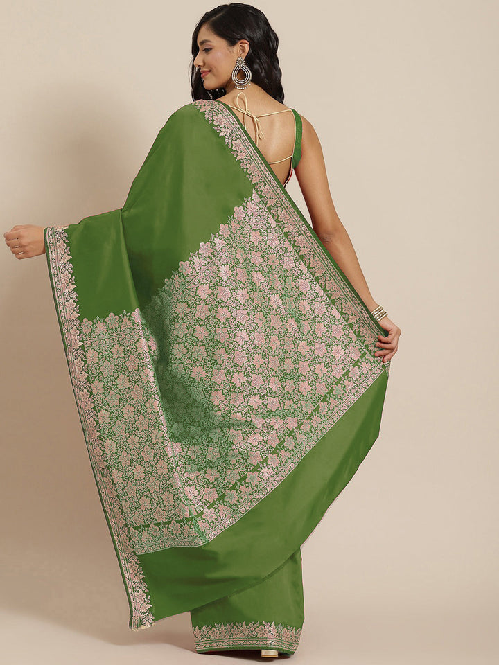 Mehndi Green Solid Banarasi Silk Saree with Zari Woven Floral Border