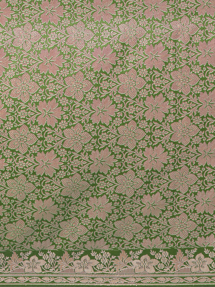 Mehndi Green Solid Banarasi Silk Saree with Zari Woven Floral Border