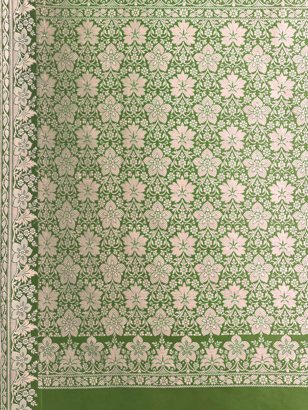 Mehndi Green Solid Banarasi Silk Saree with Zari Woven Floral Border