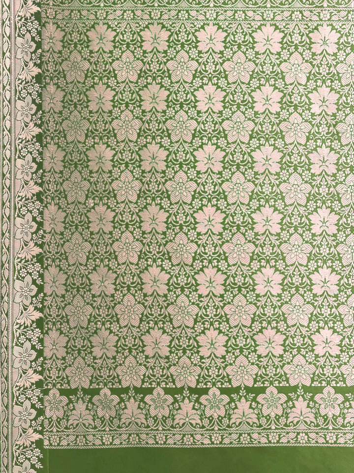 Mehndi Green Solid Banarasi Silk Saree with Zari Woven Floral Border