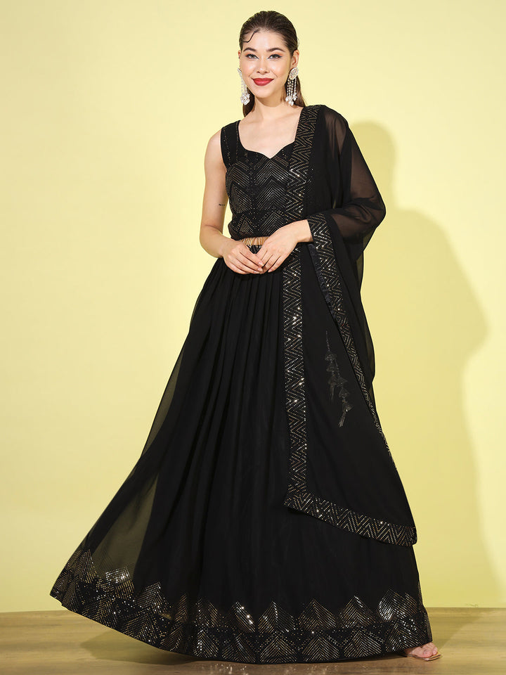 Black Metallic Foil Print Georgette Lehenga Choli with Extra Flare