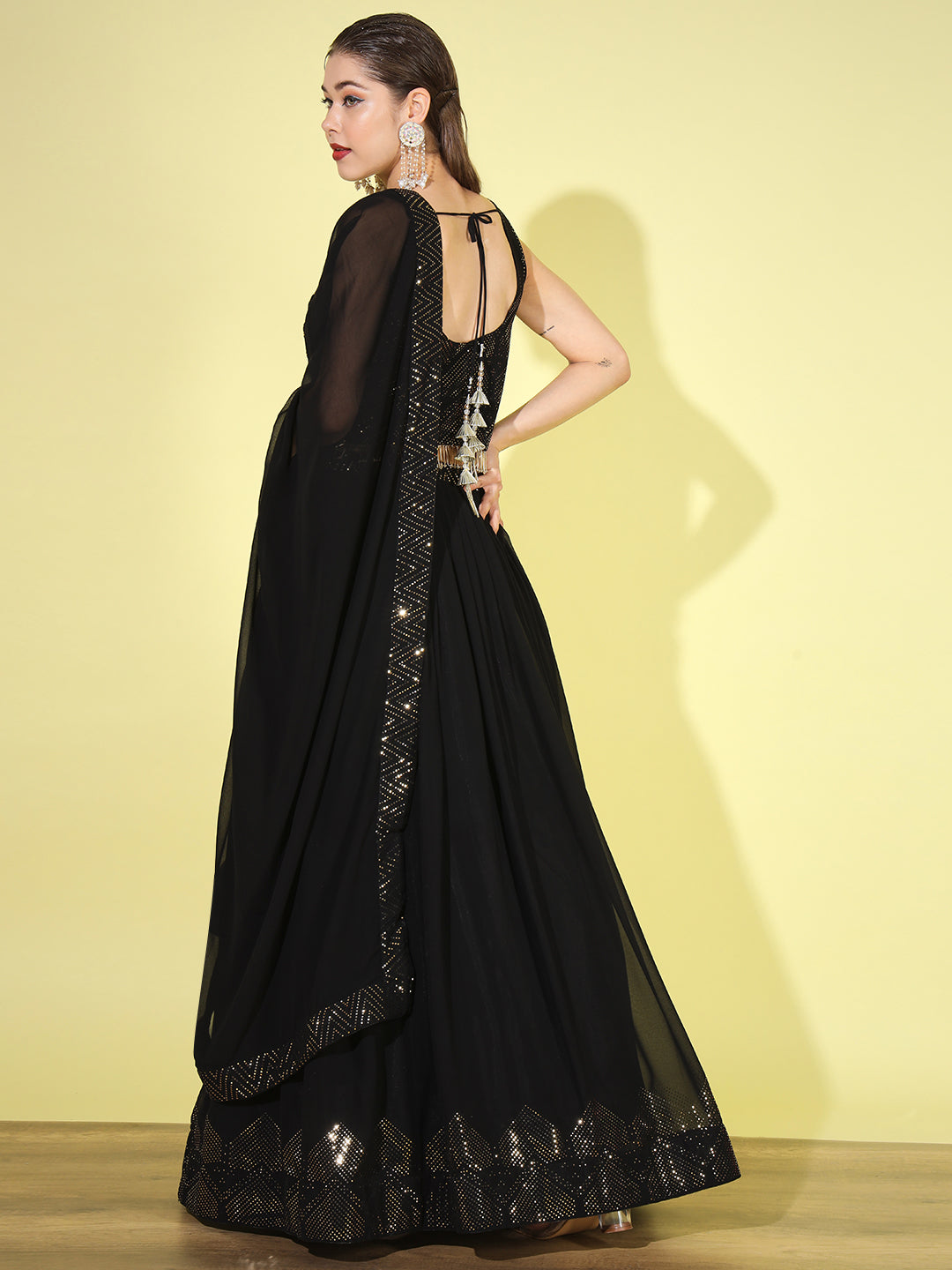 Black Metallic Foil Print Georgette Lehenga Choli with Extra Flare