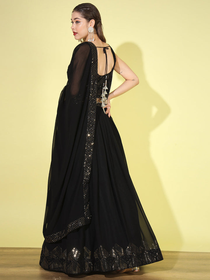 Black Metallic Foil Print Georgette Lehenga Choli with Extra Flare
