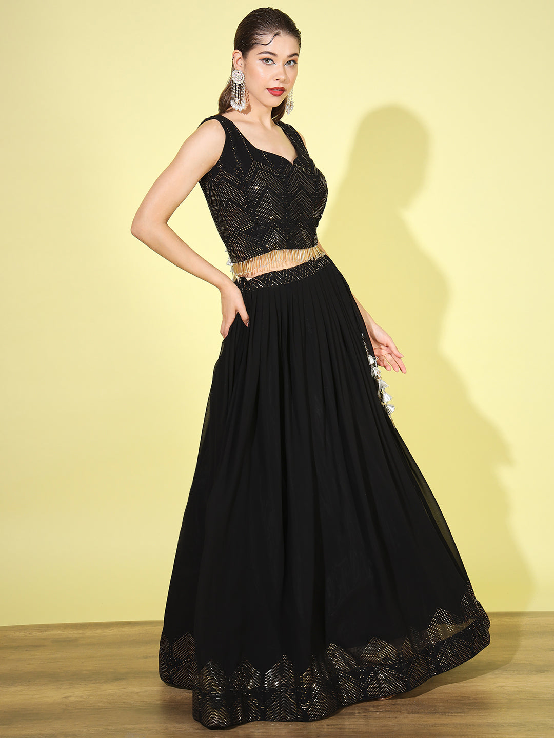 Black Metallic Foil Print Georgette Lehenga Choli with Extra Flare