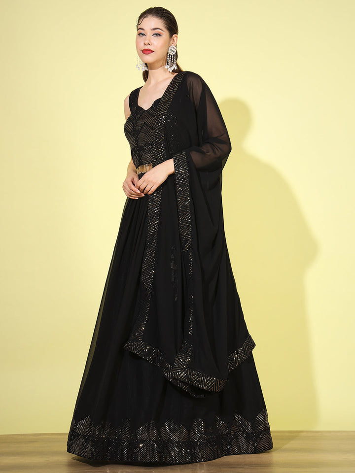 Black Metallic Foil Print Georgette Lehenga Choli with Extra Flare