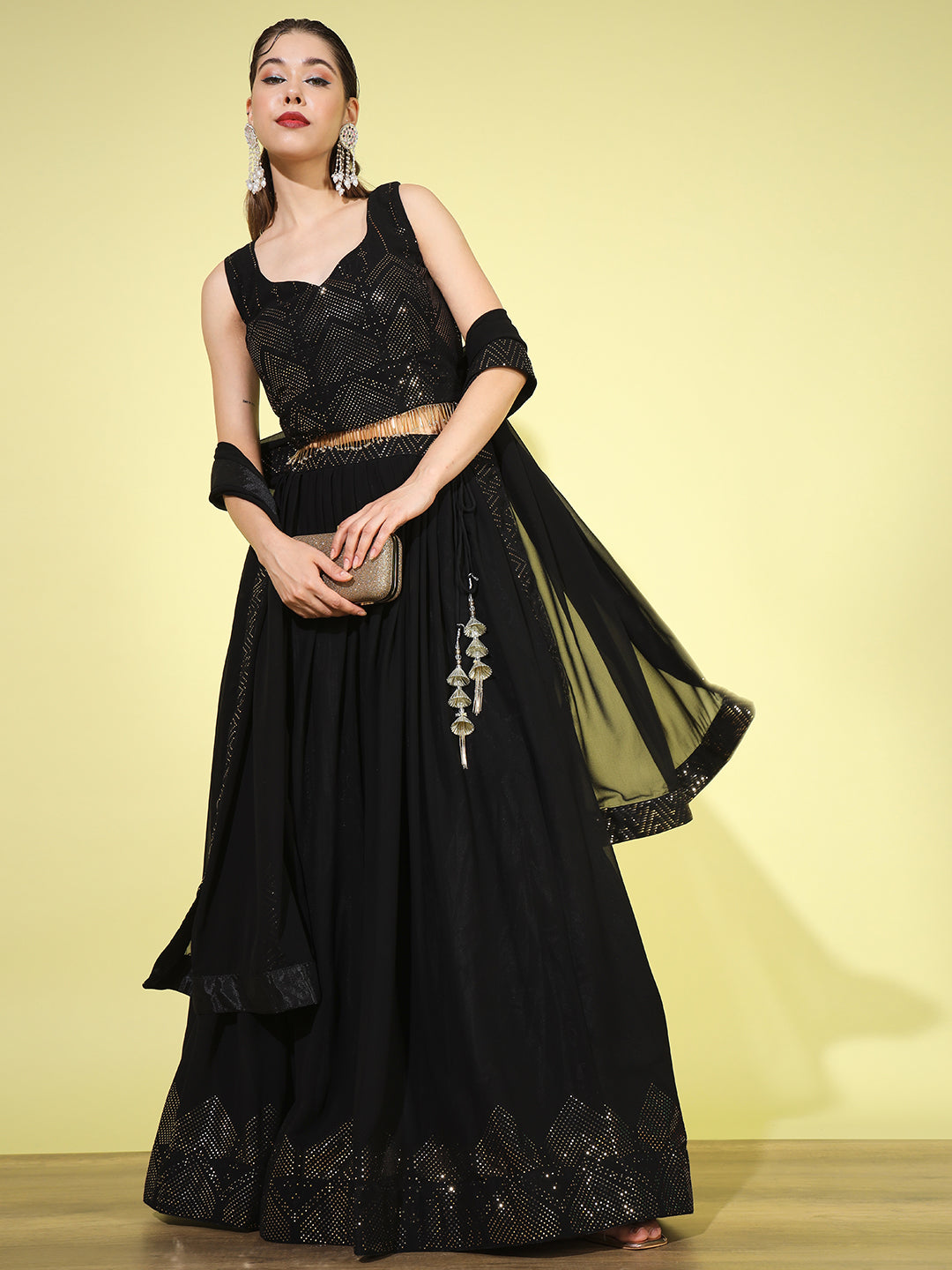 Black Metallic Foil Print Georgette Lehenga Choli with Extra Flare