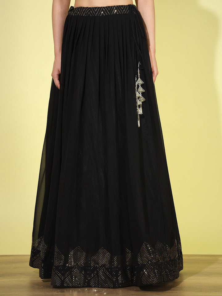 Black Metallic Foil Print Georgette Lehenga Choli with Extra Flare