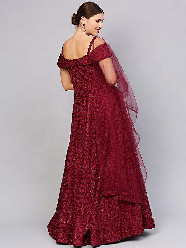 Maroon Off=shoulder Cocktail Gown with Dupatta