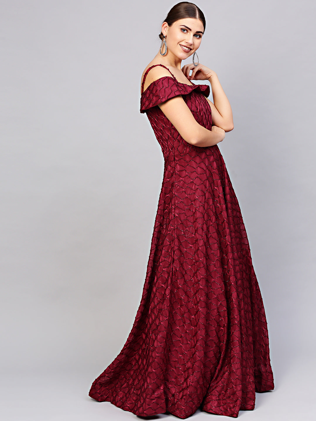 Maroon Off=shoulder Cocktail Gown with Dupatta