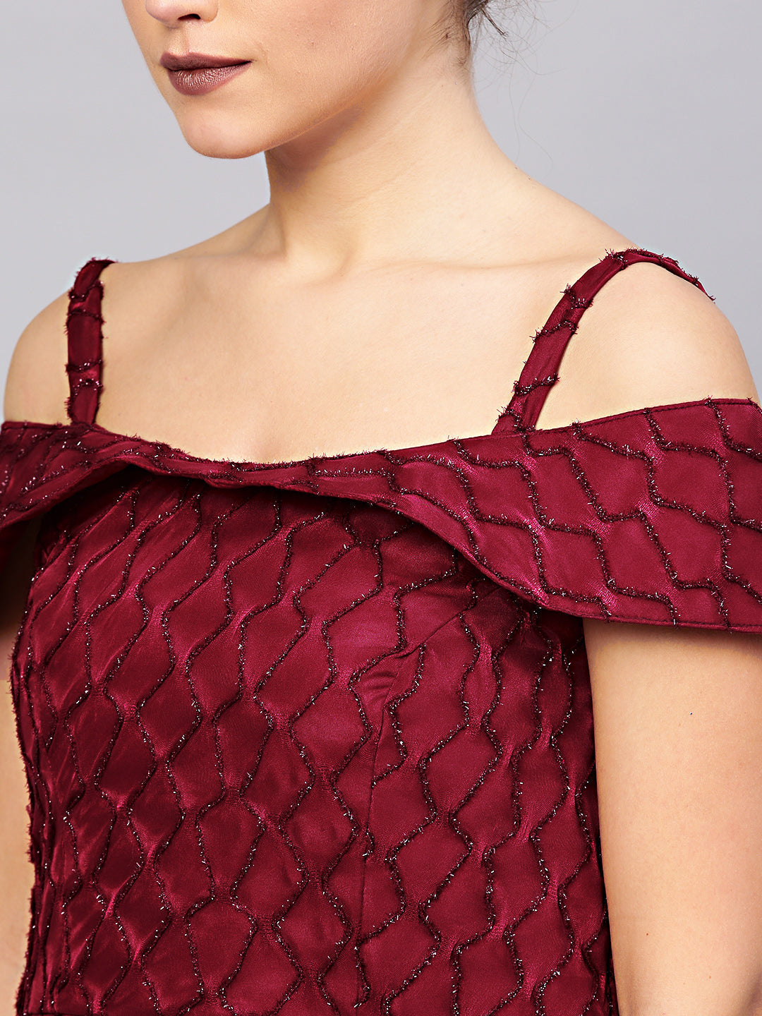 Maroon Off=shoulder Cocktail Gown with Dupatta