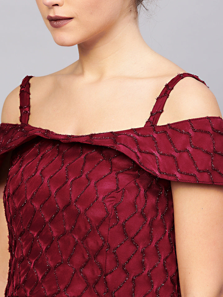 Maroon Off=shoulder Cocktail Gown with Dupatta