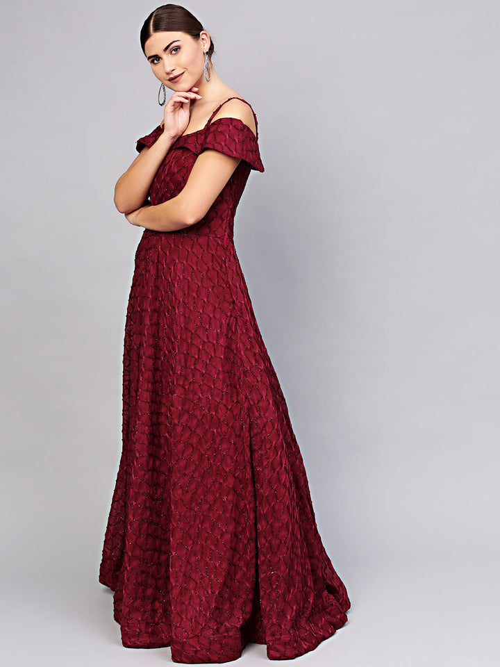 Maroon Off=shoulder Cocktail Gown with Dupatta