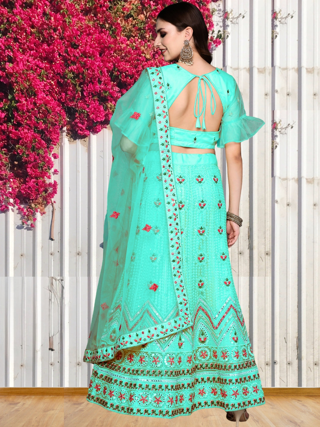Semi stitched Mirror Embellish Chevron Net Lehenga Choli Set