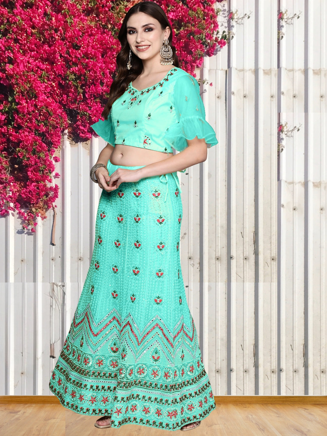 Semi stitched Mirror Embellish Chevron Net Lehenga Choli Set