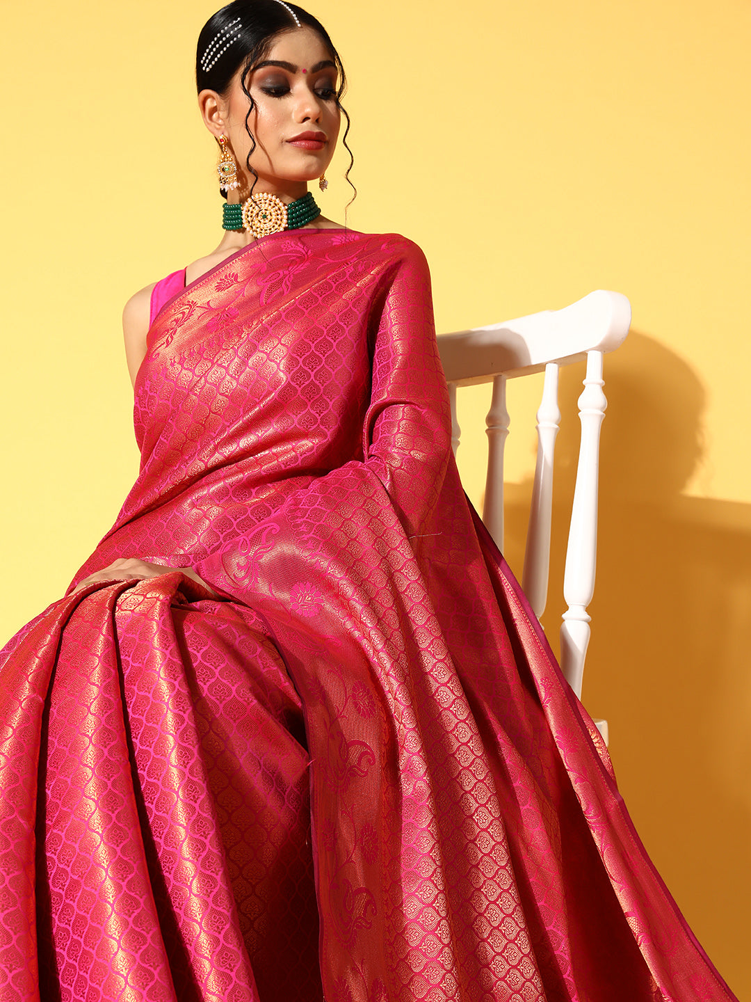 Gajari Pink Oxidised Zari Handloom Silk Saree With Ethnic Motifs
