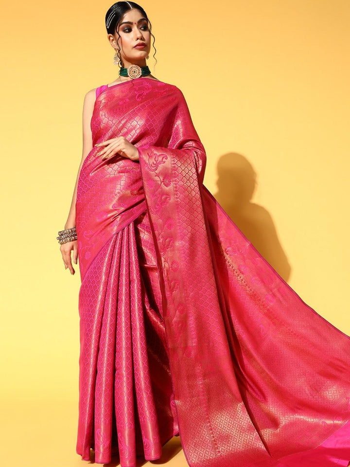 Gajari Pink Oxidised Zari Handloom Silk Saree With Ethnic Motifs