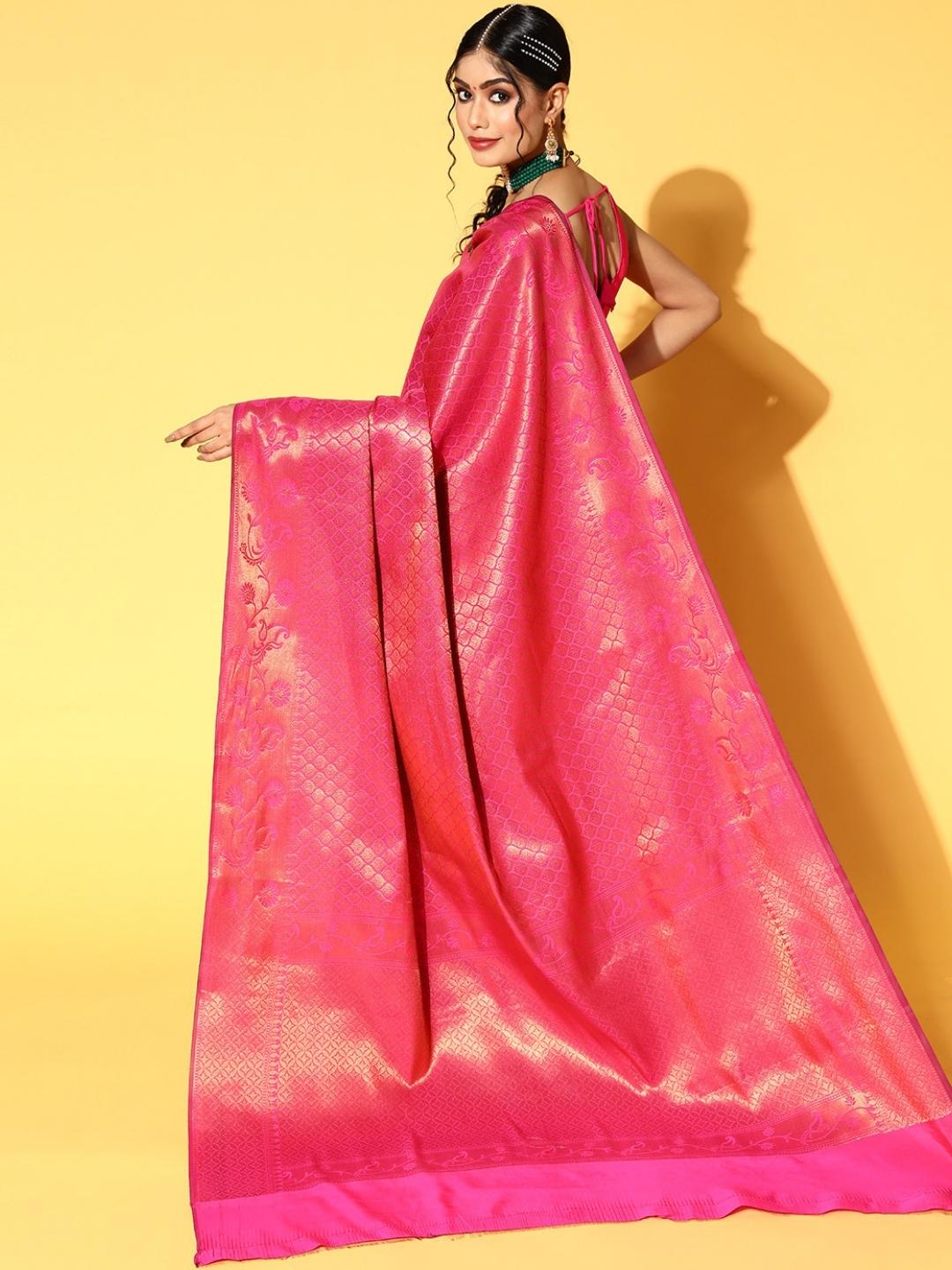 Gajari Pink Oxidised Zari Handloom Silk Saree With Ethnic Motifs