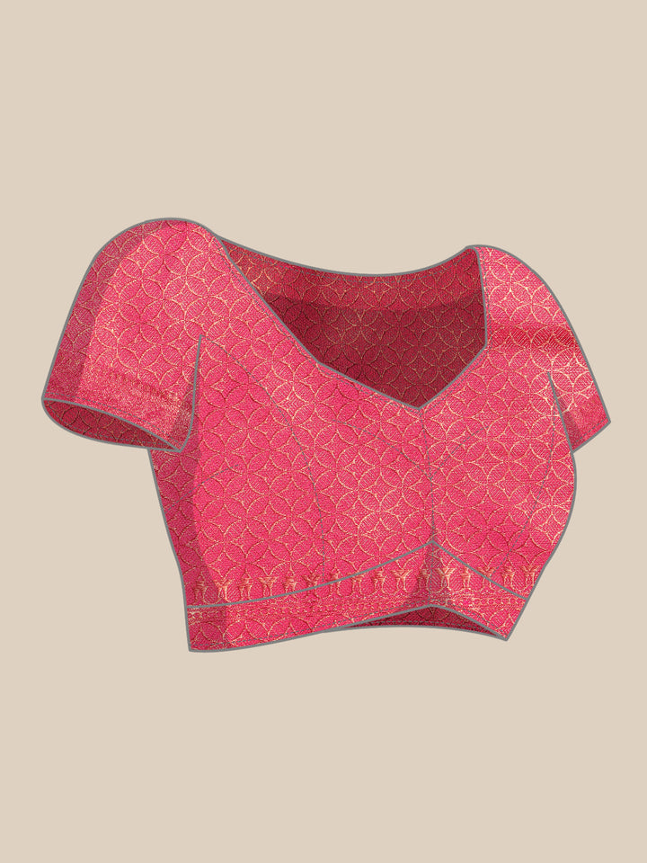 Gajari Pink Oxidised Zari Handloom Silk Saree With Ethnic Motifs