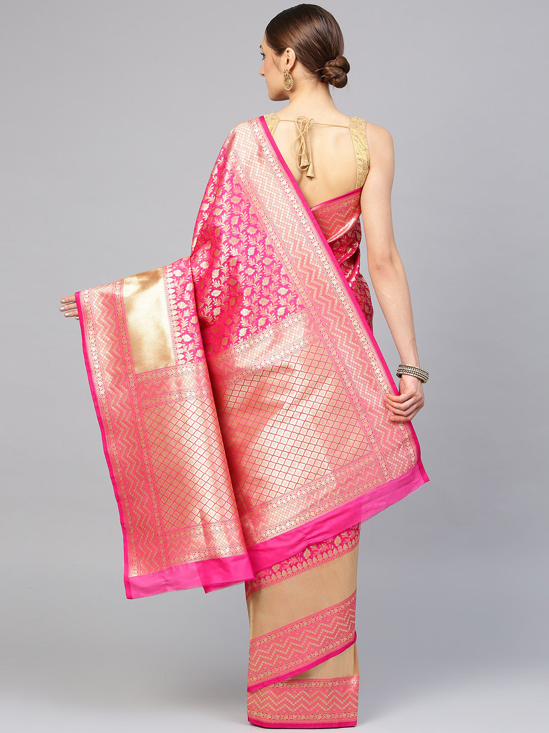 Banarasi Handloom Silk Saree with Zari Leaves and Geometric Border