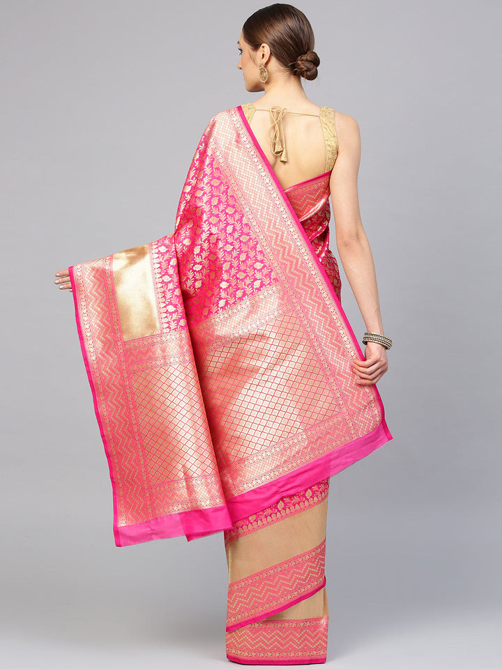 Banarasi Handloom Silk Saree with Zari Leaves and Geometric Border