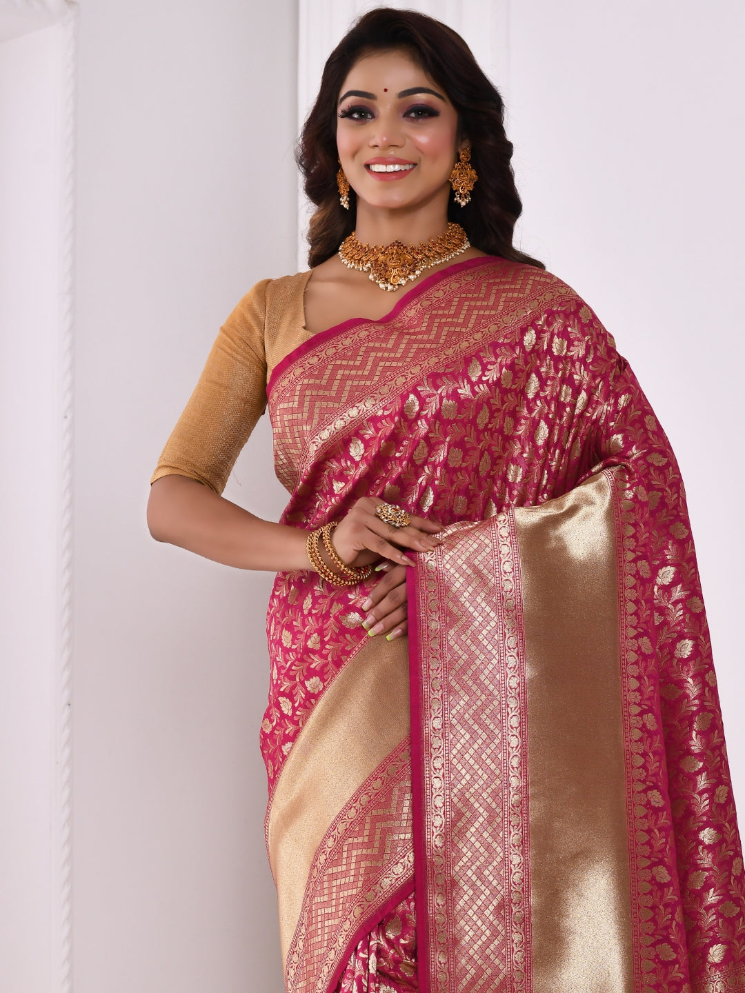Magenta & Golden Woven Design Banarasi Saree