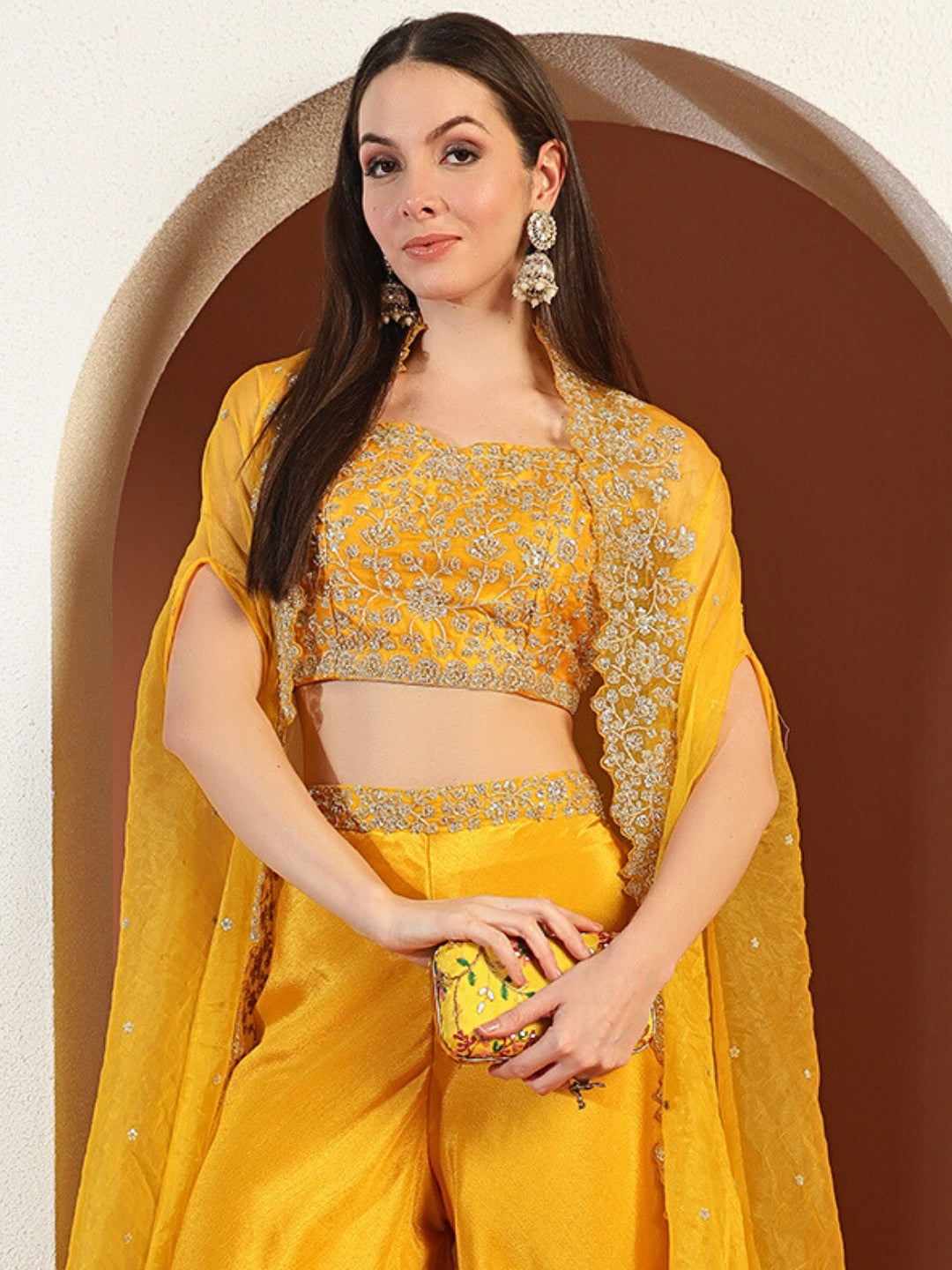 Chhabra 555 Haldi Yellow Indo-western Co-ord Set with Embellished Jacket & Cut-Dana Zari Embroidery
