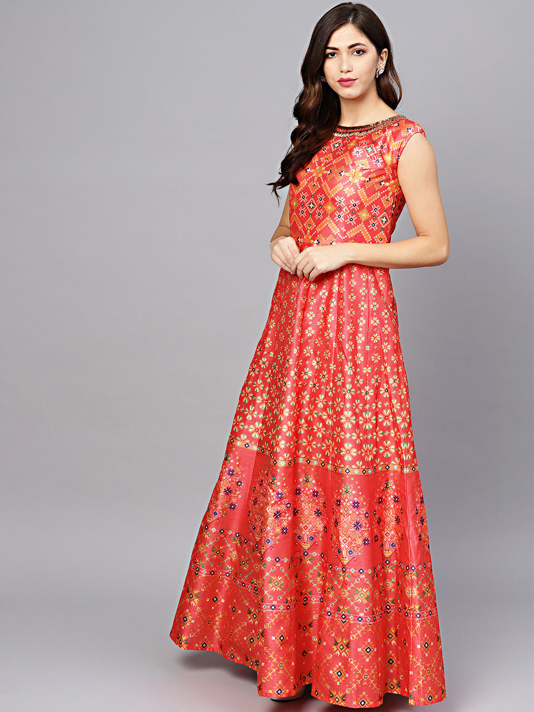 Embellished Anarkali Gown with Digital Print Tribal Pattern
