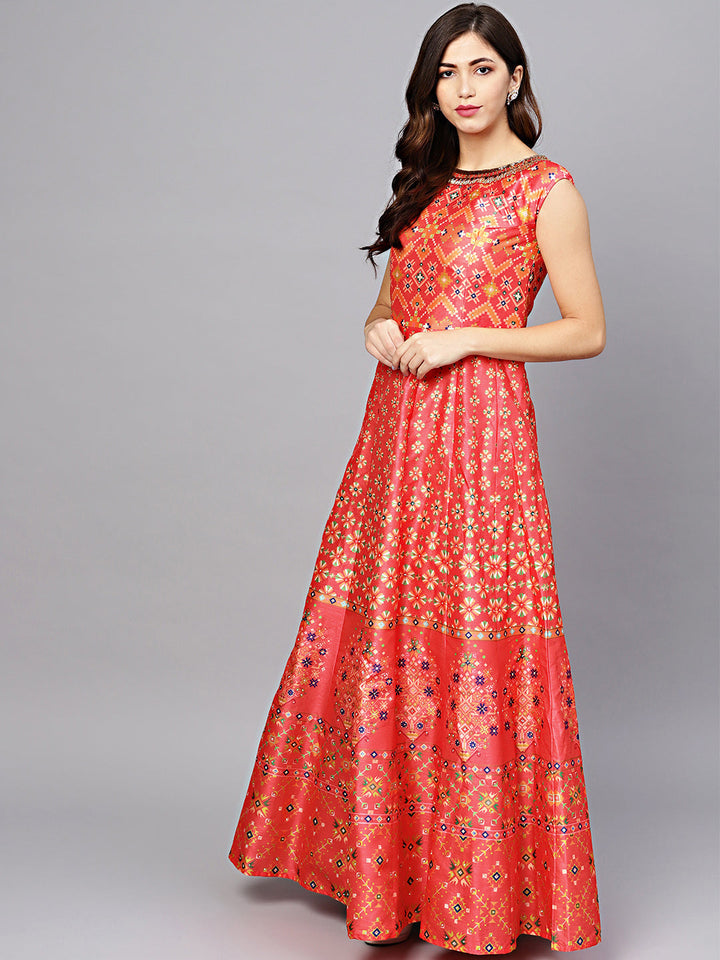 Embellished Anarkali Gown with Digital Print Tribal Pattern
