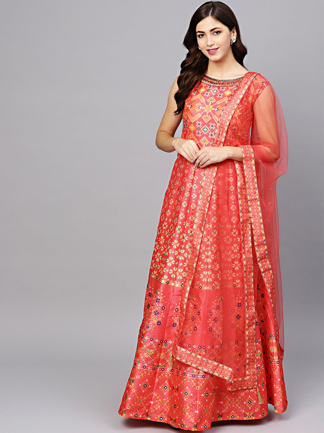 Embellished Anarkali Gown with Digital Print Tribal Pattern