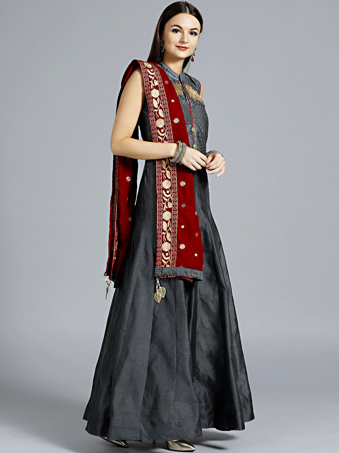 Textured Anarkali Suit with Velvet Embroidered Dupatta