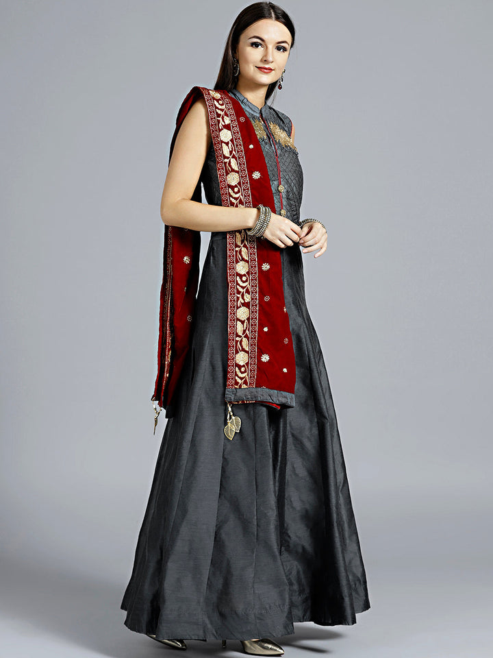 Textured Anarkali Suit with Velvet Embroidered Dupatta