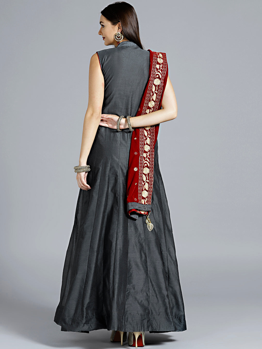 Textured Anarkali Suit with Velvet Embroidered Dupatta