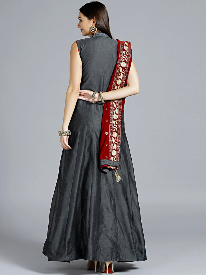 Textured Anarkali Suit with Velvet Embroidered Dupatta