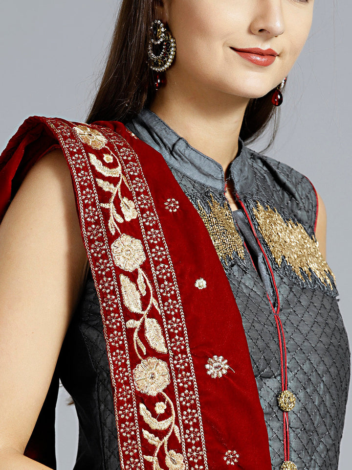 Textured Anarkali Suit with Velvet Embroidered Dupatta