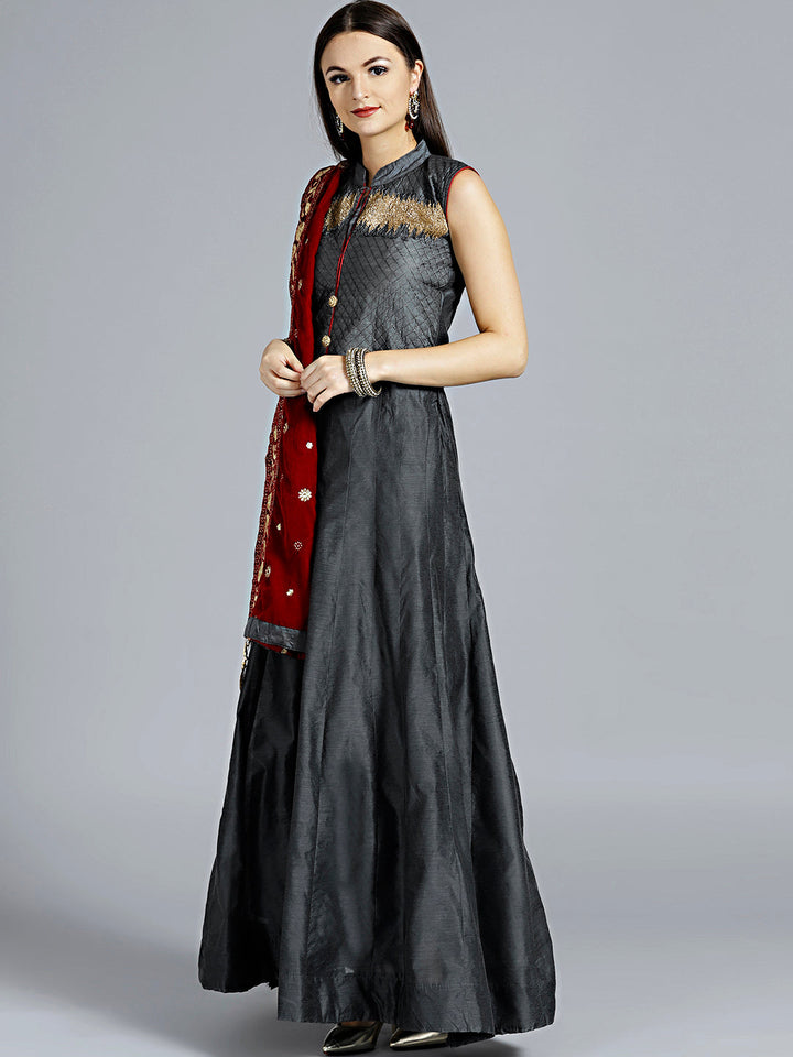 Textured Anarkali Suit with Velvet Embroidered Dupatta