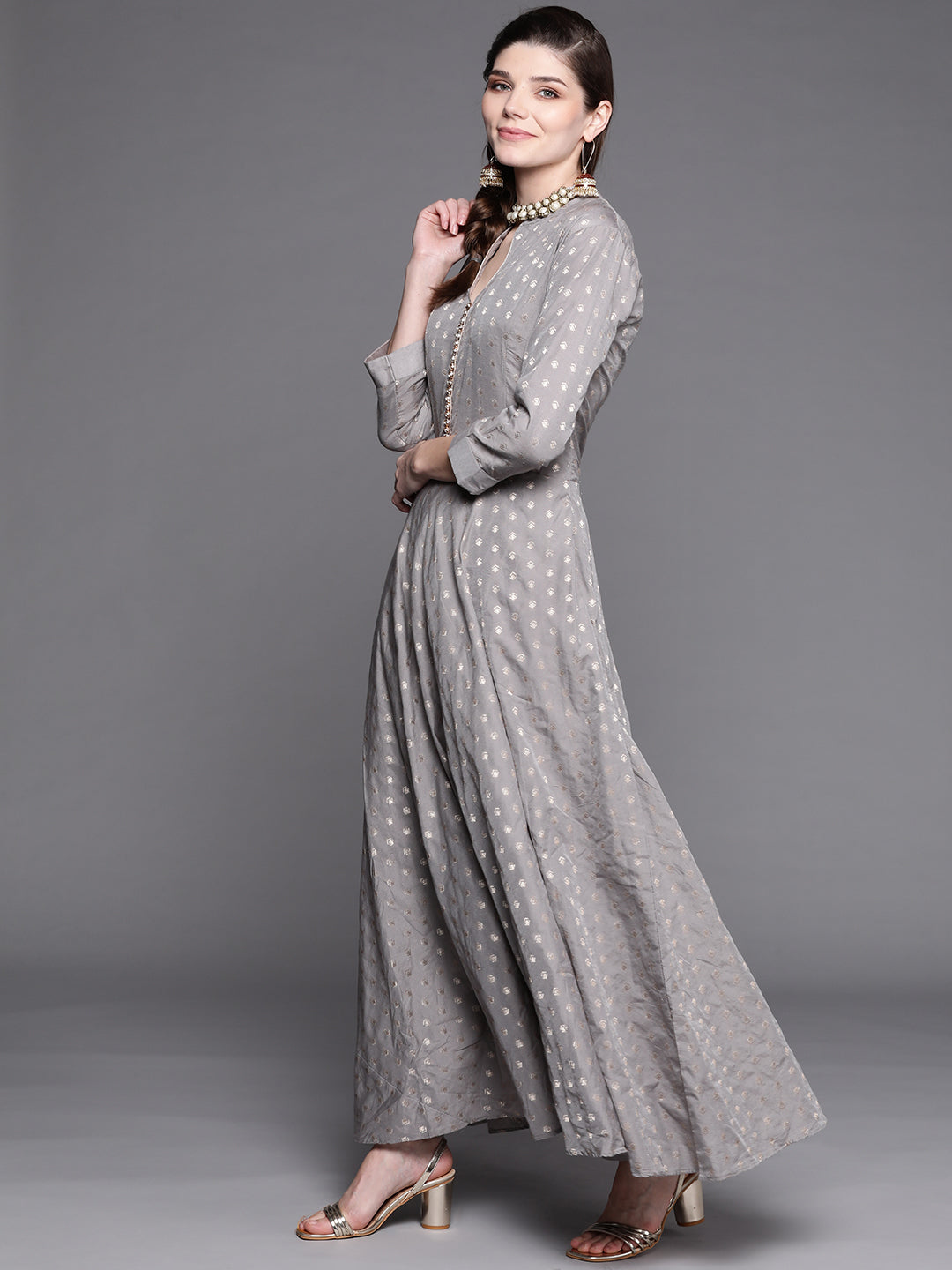 Grey Mysore Georgette Anarkali Suit With Bandhani Dupatta & Stylish neckline