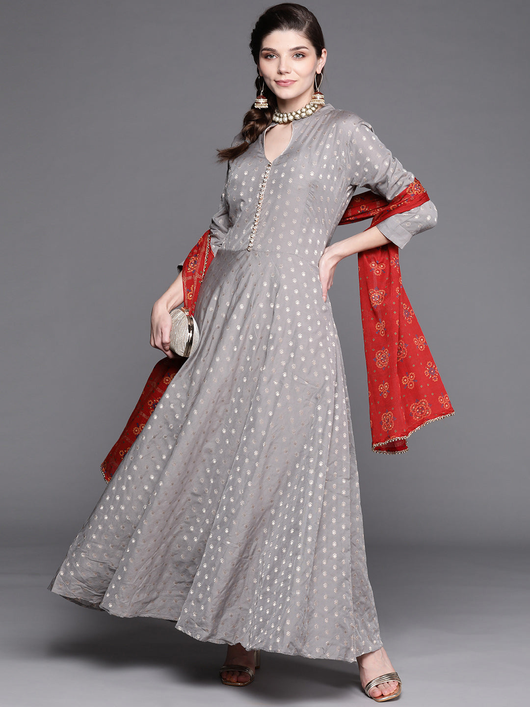 Grey Mysore Georgette Anarkali Suit With Bandhani Dupatta & Stylish neckline