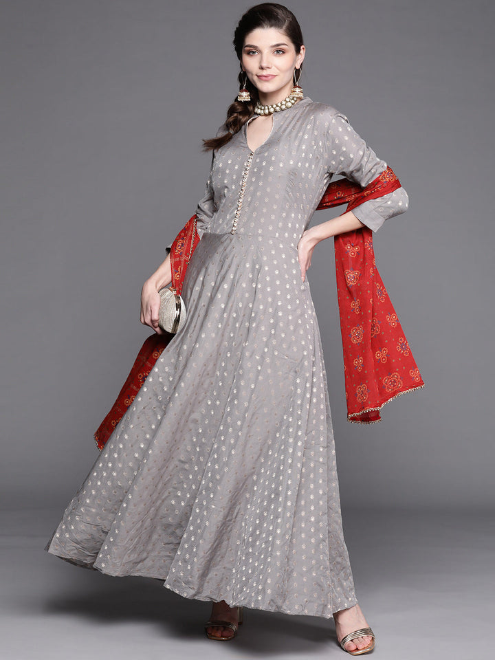 Grey Mysore Georgette Anarkali Suit With Bandhani Dupatta & Stylish neckline