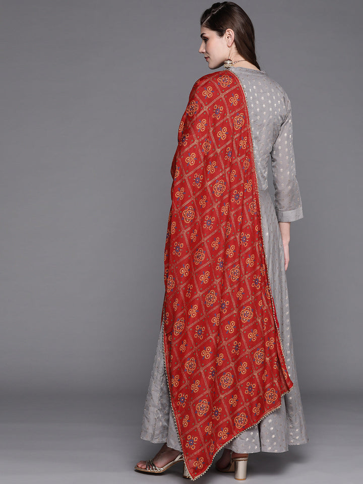 Grey Mysore Georgette Anarkali Suit With Bandhani Dupatta & Stylish neckline