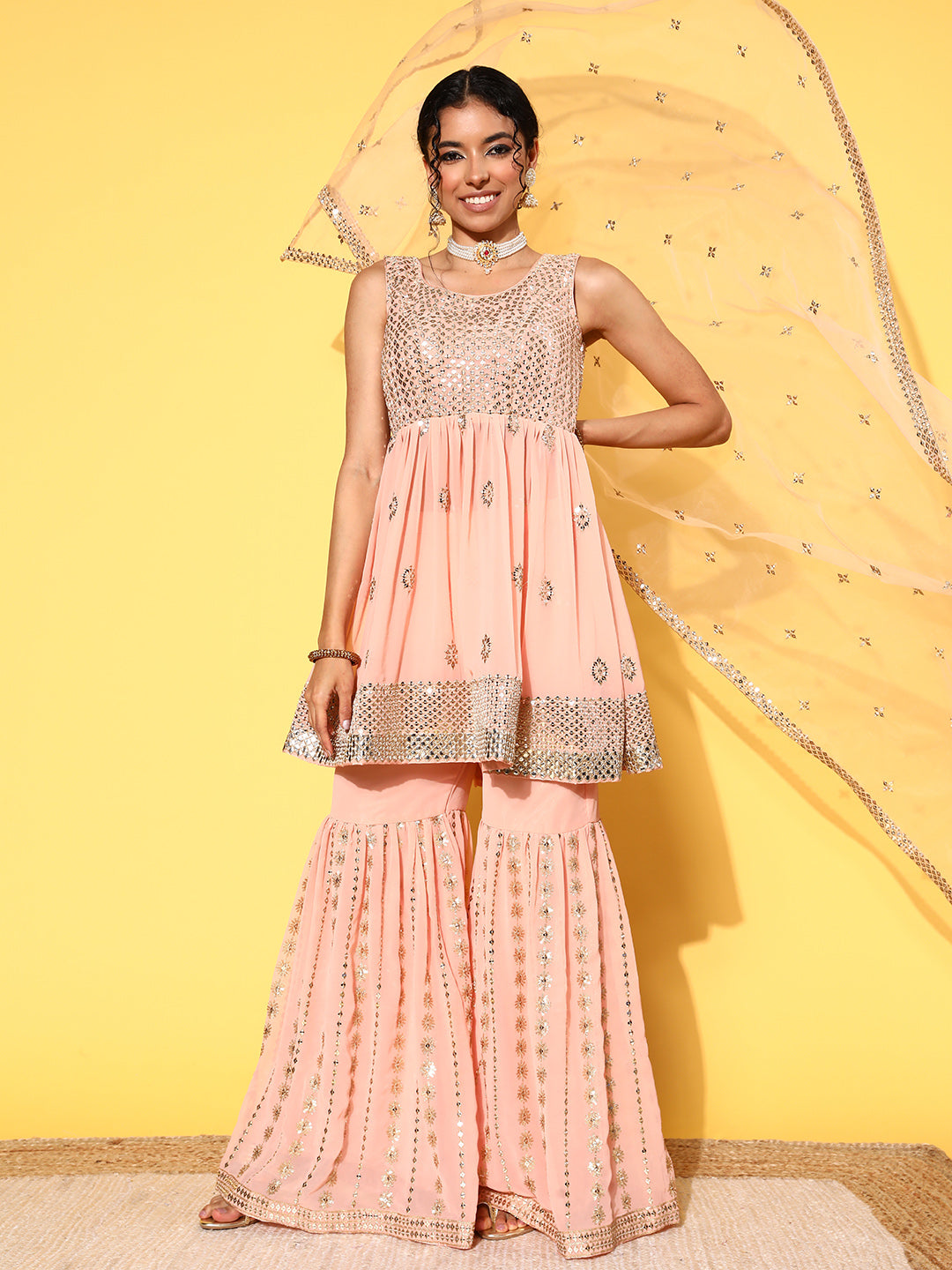 Peach Sequin & Zari Embroidered Peplum Kurta Sharara Set