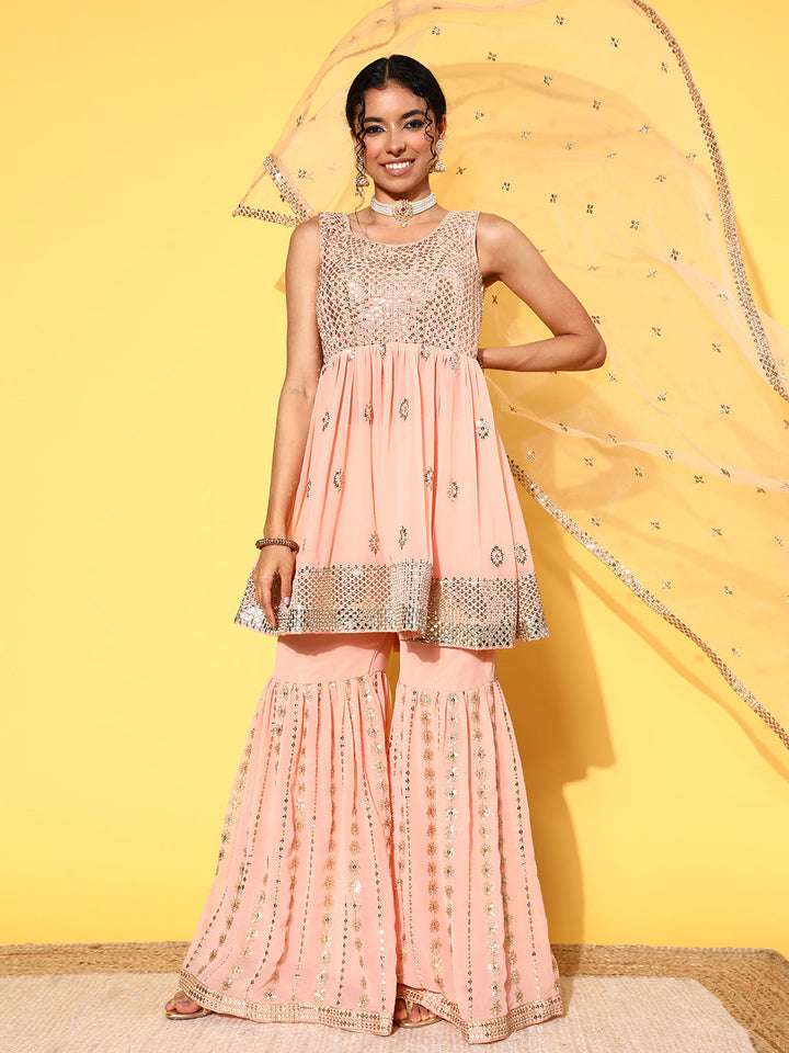 Peach Sequin & Zari Embroidered Peplum Kurta Sharara Set