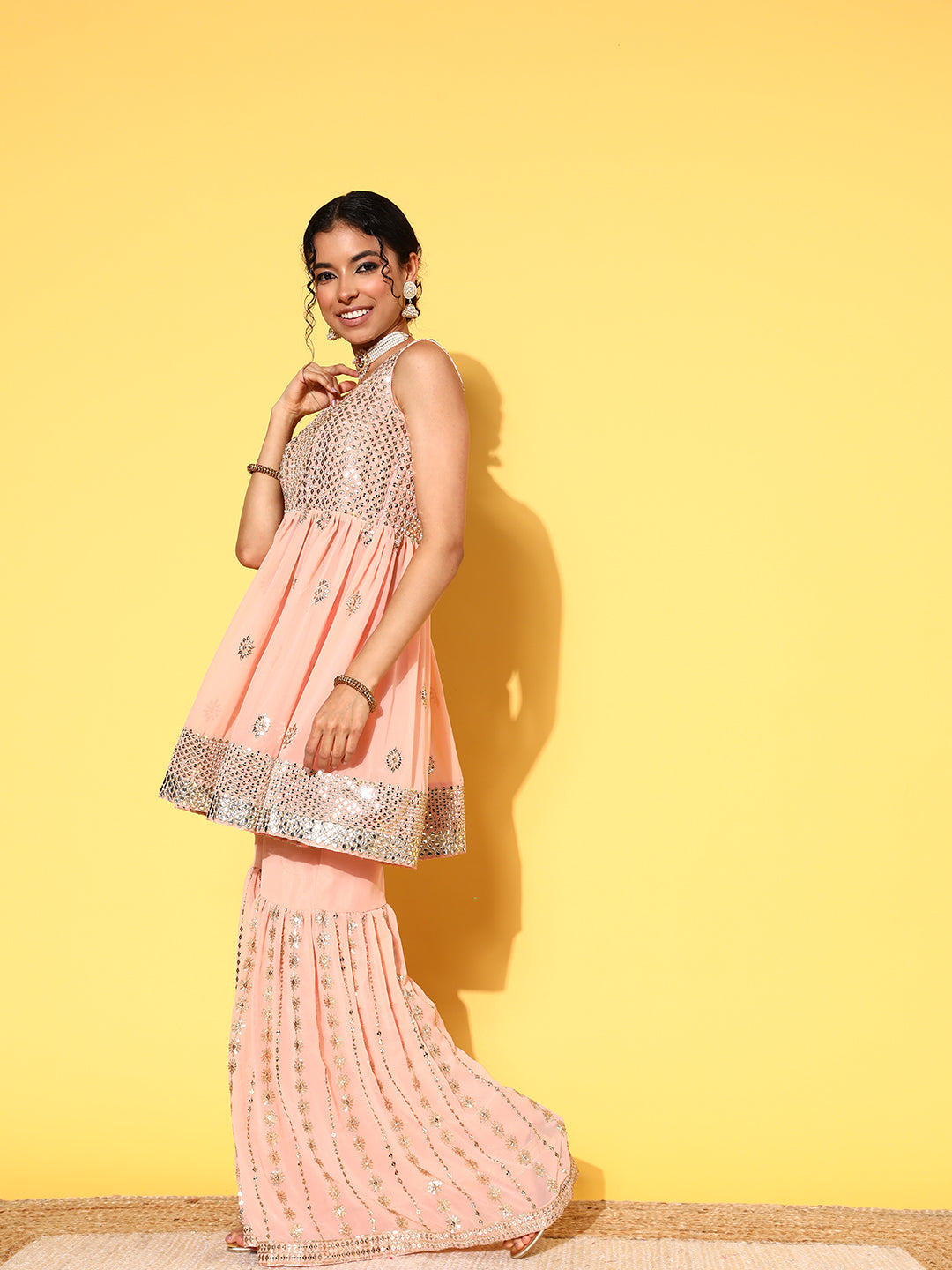 Peach Sequin & Zari Embroidered Peplum Kurta Sharara Set