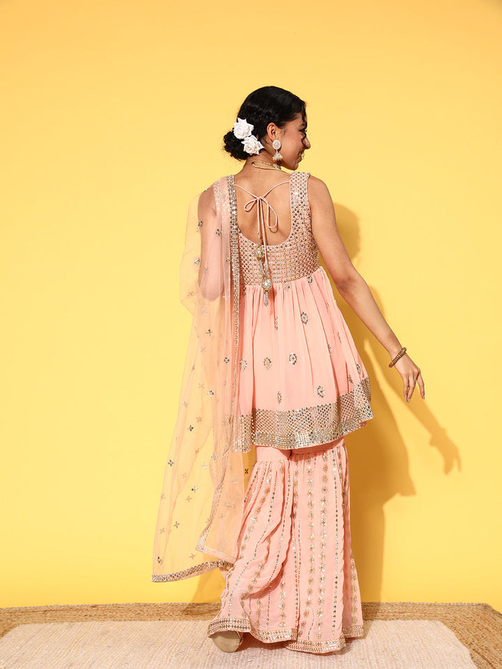 Peach Sequin & Zari Embroidered Peplum Kurta Sharara Set